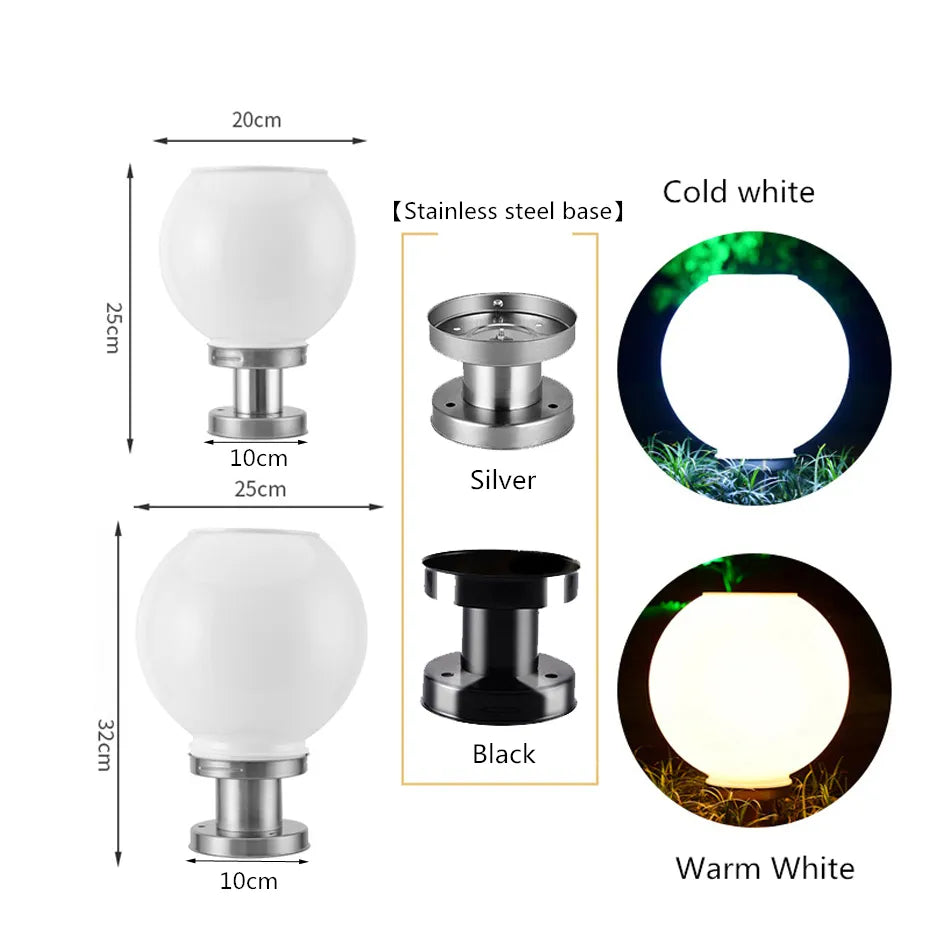 LED Round Ball Stainless Steel Solar Post Lamp Outdoor IP65 Waterproof