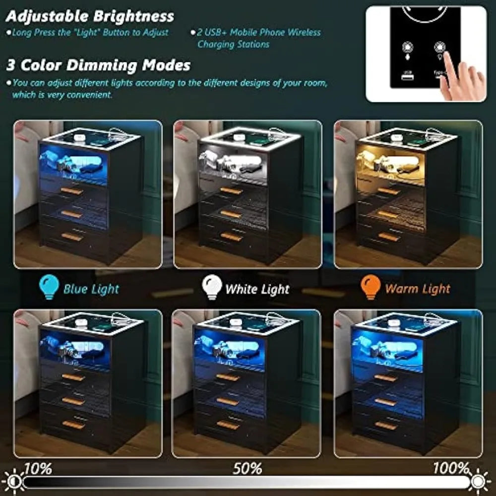 LED Nightstand with Wireless Charging Station,3 Color Dimmable Auto Sensor Night Stand